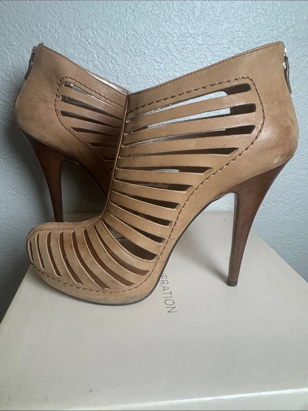 BCBGeneration Tan Cutout Stiletto Ankle Booties